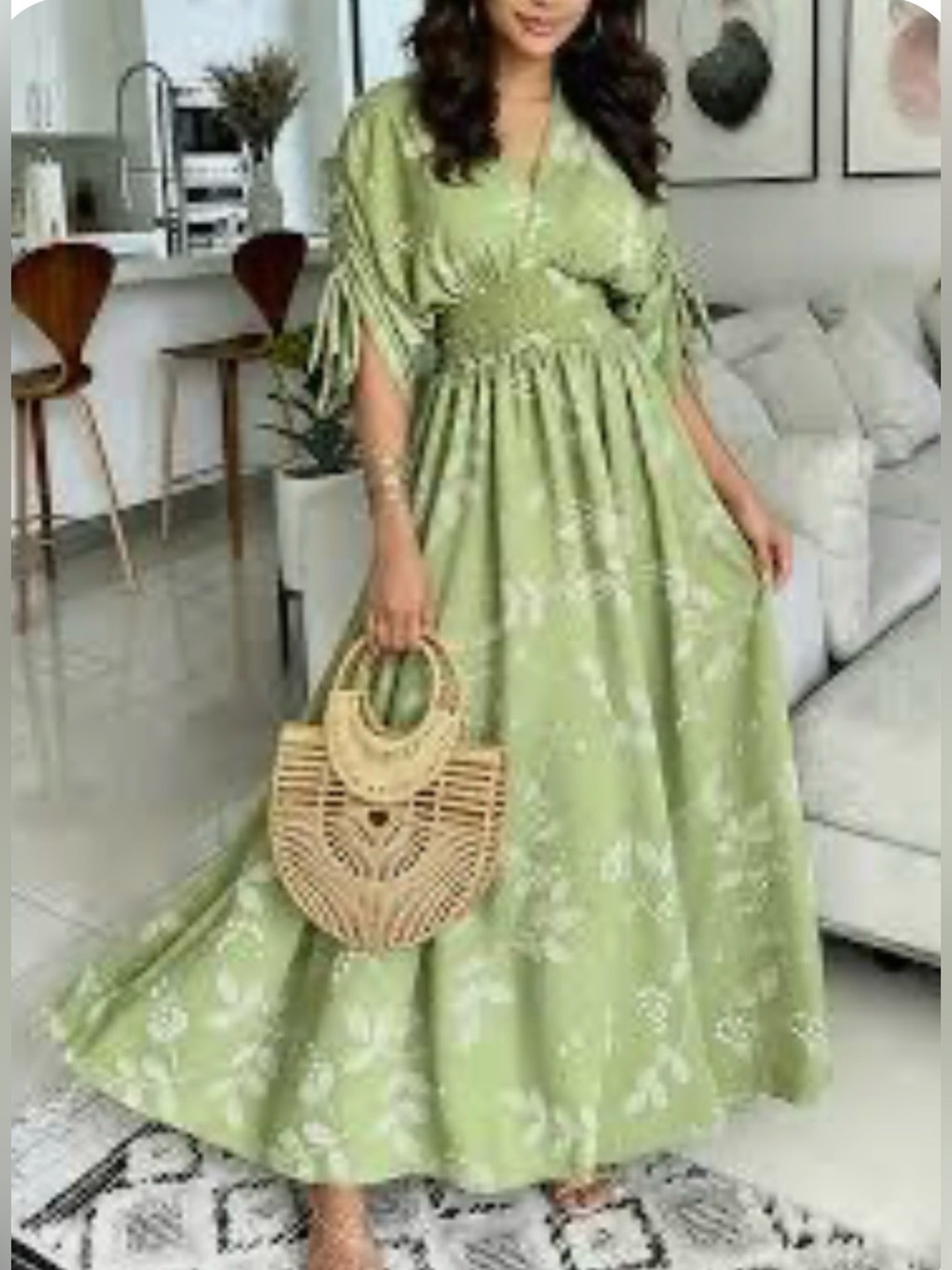 Green Floral Maxi Dress with Smocked Waist